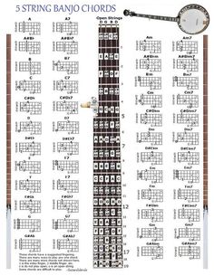 the 5 string banjo chords are arranged in three different styles, with their corresponding names and numbers