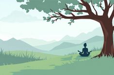 a person meditating under a tree with mountains in the background