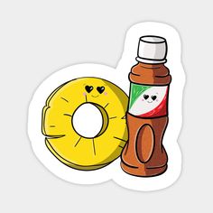 a bottle of ketchup and a donut sticker on a white background