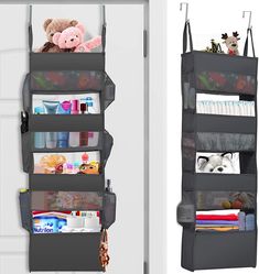 an over the door hanging organizer with multiple pockets and compartments for items in front of it