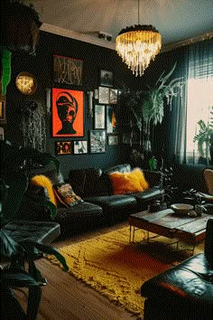 a living room filled with lots of furniture next to a large painting on the wall