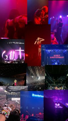 many different images of people on stage at a concert with lights in the dark and purple lighting