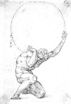 a black and white drawing of a man holding a large object in the air with his hands