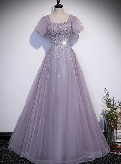 Beautiful Light Purple Sequins Short Sleeves Party Dress, Purple Forma – BeautyDressy A Line Evening Gown, Gaun Tulle, Purple Dresses Formal, Prom Dress A Line, Prom Dress Pictures, Purple Tulle, Purple Prom, Purple Prom Dress, Prom Dresses With Sleeves