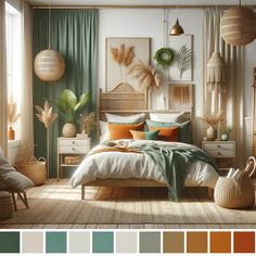 a bedroom with green, orange and white colors