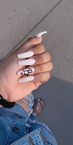 Initial Nails, Initial Acrylic, Boyfriend Initials, Red Acrylic Nails, Long Acrylic Nail Designs, White Acrylic Nails, Simple Acrylic Nails, Long Acrylic Nails Coffin, Long Acrylic