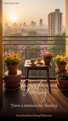 a balcony with flowers and potted plants on it, saying good evening have a memorable sunday