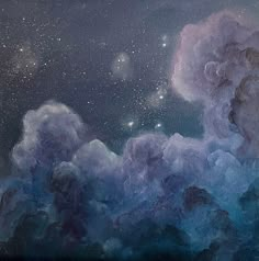 a painting of clouds and stars in the night sky with blue hues on them