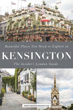 the cover of kensington's london guide with images of buildings and flags