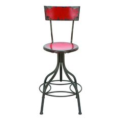 an old fashioned bar stool with a red upholstered backrest and seat cushion