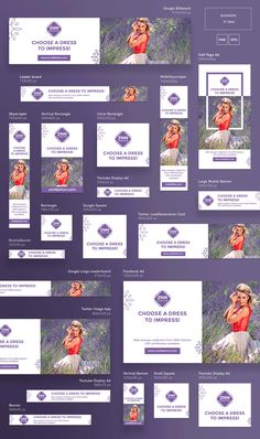 a purple and white web page with different images