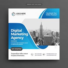 a blue and white business flyer with the words digital marketing agency on it, in front of a cityscape