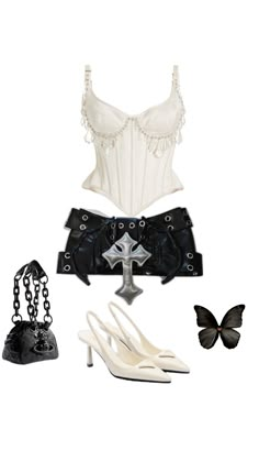 Love mixing styles ! Chrome hearts skirt, cross skirt, goth, punk, prada heels, Vivienne Westwood bag, corset, white corset, outfit inspo, ootd White Corset Outfit, Vivienne Westwood Bag, Cross Skirt, Prada Heels, Vivienne Westwood Bags, Nightclub Design, Corset Outfit, Old Fashion Dresses, White Corset