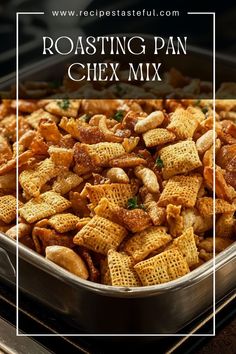 a pan filled with chex mix sitting on top of a stove