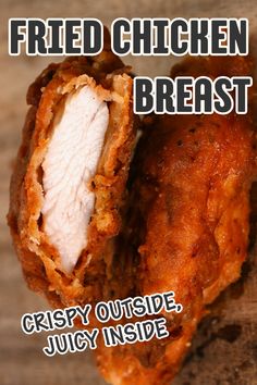 A fried chicken breast cut in half, showing visible juices. Oven Baked Fried Chicken Breast, Baked Fried Chicken Breast, Marinated Fried Chicken, Deep Fried Chicken Breast, Crispy Fried Chicken Breast, Sliced Chicken Breast Recipes, Split Breast Chicken Recipes, Vegan Grilling Recipes