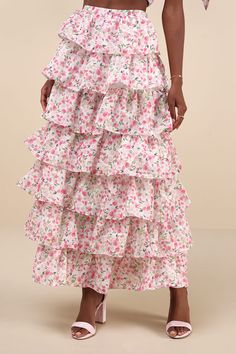 The ethereal elegance that emanates from the Sister Jane Wild Hearts Ivory Multi Floral Tiered Midi Skirt will have you feeling romantic all day long! A darling pink and green floral print, along with a subtle diamond-like jacquard pattern, adorns gauzy woven chiffon as it shapes this whimsical midi skirt. The high-waisted fit naturally flatters your figure, while layers of cascading tiers (with hidden tulle for additional volume) line the A-line silhouette to complete the adorable design. Hidde Ethereal Elegance, Sister Jane, Tiered Midi Skirt, Green Floral Print, Long A, Jacquard Pattern, Summer Skirts, Wild Hearts, Long Skirt