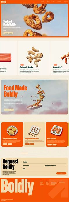 an orange and white web page with food items on the bottom right hand corner,