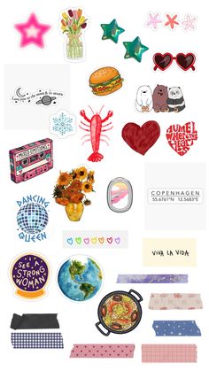 an assortment of stickers and magnets on a white background with the words happy valentine's day written below them