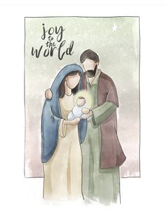 a man and woman holding a baby in their arms with the words joy to the world above them