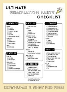 the ultimate printable graduation party checklist is shown in black and white with text