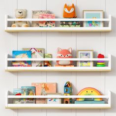 two white shelves filled with books and toys