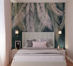 a bedroom with palm leaves painted on the wall above the bed, and nightstands