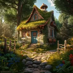 a small house with a green roof surrounded by trees and flowers in the forest,