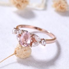 5x7mm Vintage Oval Rose Quartz Moissanite Pearl Engagement Ring 14k Rose Gold Dainty Pink Gemstone Ring Cluster Ring Delicate Bridal Ring Women Accent stones: Moissanite and pearl Good quality rings take time to make, process time of the ring will be about 3 weeks, when your ring is shipped, tracking number will be given to you! - Ring Size - I can make the rings in any ring size, if the ring size you want is not on the ring size option, please contact with me! - Shipment - Free shipping within Pink Gemstone Ring, Quality Rings, Pink Gemstones Ring, Pink Engagement Ring, Ring Cluster, Pearl Engagement Ring, Rose Quartz Ring, Pink Gemstones, Ring Women