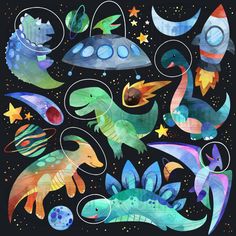 watercolor dinosaurs in space with stars and planets