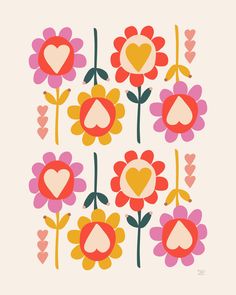 "Folk Art Flowers ART PRINT | Giclee Print | 8 x 10 inch OR 11 x 14 inch This folksy floral art print \" Happy Flowers \" is full of bright reds, pinks and yellows.  The perfect gift for the flower love in your life or a child's bedroom.  *Professionally Giclee printed on archival matte paper, this print is available in 8 x 10 inch or 11 x 14 inch size.   All of my illustrations are designed in my North Carolina Studio SIZE :  8 x 10 inch OR 11 x 14 inch Giclee Printed on archival matte paper  * Flowers Wall Painting Ideas, Scandinavian Flower Pattern, Scandinavian Prints Pattern, Mexican Folk Art Flowers, Eclectic Flowers, Flower Illustration Design, Folk Art Wallpaper, Flower Folk Art, Modern Floral Art