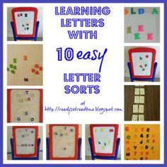 the words learning letters with 10 easy letter sorts are shown in this collage, which includes