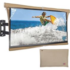 a large screen tv mounted to the side of a wall next to a beige cloth bag