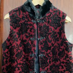 Tsunami Fancy Fleece Vest. Red With Flocked Pattern. Elegant Braided Buttons. Nice Lining And Lovely Pockets. Never Worn. Fancy Vest, Oc Clothes, 70s Inspired Outfits, Vintage Vest, Vest Pattern, Fleece Vest, 70s Inspired, Inspired Outfits, Chinese Style