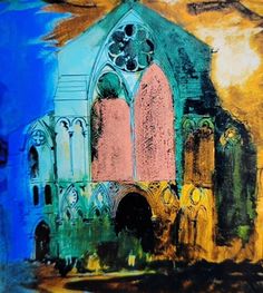 an abstract painting of a church with blue, yellow and pink paint on the front