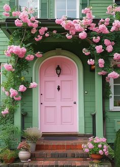 45+ Vibrant Front Door Colors for Green Houses to Make Your Home Stand Out (2024) Colorful Cottage Exterior Colors, Green House With Pink Door, Pink And Green House Exterior, Green House Pink Door, Magenta Front Door, Pink Door Exterior, Fun Front Door Colors, Light Green House, Green House Ideas