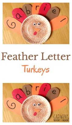 two paper plates with turkeys on them and the words, featherer letter turkeys