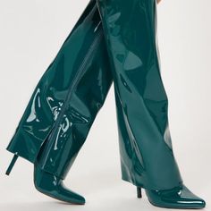 Pretty Patent Leather Knee High Boots Pointed Toe Fold Over Detail Patent Leather 4.5" Stiletto Heel Green Fitted Boots For Formal Occasions, Formal Green Fitted Boots, Formal Fitted Green Boots, Elegant Fitted Green Heeled Boots, Chic Green Boots For Night Out, Teal Boots, Teal Branding, Leather Knee High Boots, Size 11 Heels