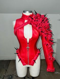 Red faux leather & vinyl jacket and shoulder piexe Red Stage Outfits, Queen Of Hearts Leather Jacket, Designer Red Leather Jacket, Red Leather Armor, Designer Red Fitted Leather Jacket, Deadpool Outfit, Red Leather Punk Outerwear, Fashion Design Classes