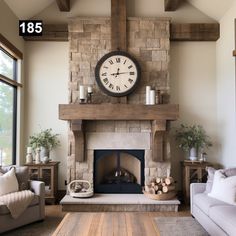 a living room with a large clock on the wall next to a fire place and couches