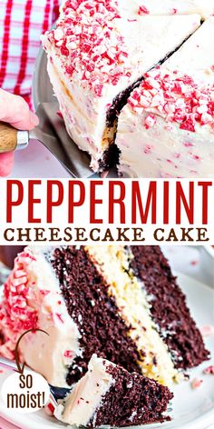 a slice of peppermint cheesecake cake on a plate