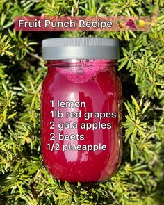 a red mason jar filled with fruit punch recipe on top of a green bush next to the words lemon, 11lbred grapes, 2 gala apples, 2 beets, 12ozs and pineapple