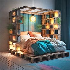 a bed made out of wooden pallets with lights on each side and an open headboard