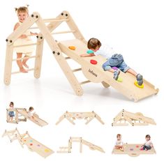 two children playing on a wooden slide set with different slides and ladders for each child