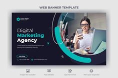 a web banner with a woman on her laptop