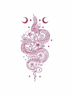 a drawing of a snake with flowers and stars on it