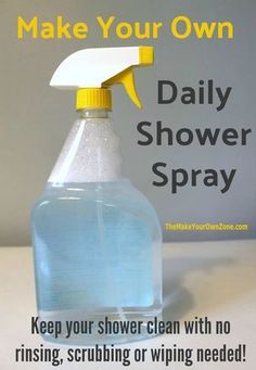 a bottle of water with a yellow sprayer on it and the words make your own daily shower spray