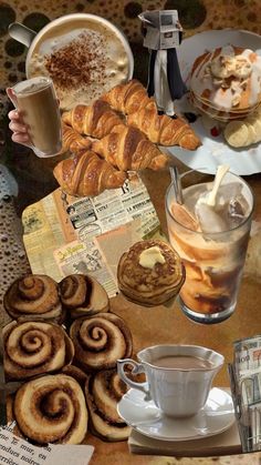 a collage of pastries, coffee and newspapers on a table with newspaper clippings