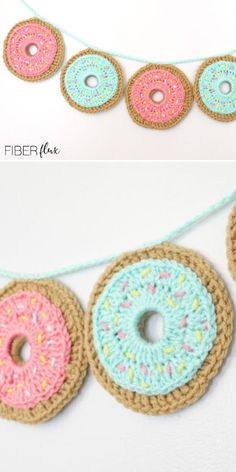 crocheted doughnuts hanging from a string on a white wall and another photo of donuts with sprinkles