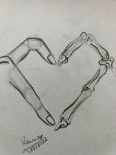 a drawing of two hands making a heart shape with their arms and legs in the shape of a skeleton