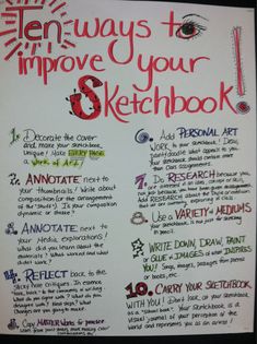 a white board with writing on it that says ten ways to improve your sketchbook